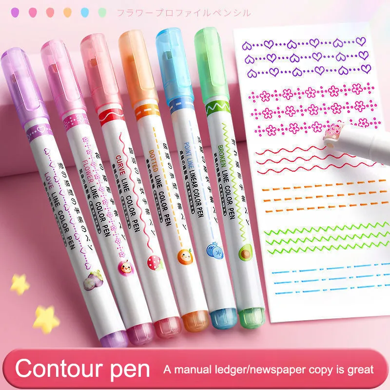 🔥chageey👍 6pcs/box Curve Highlighter Pen Set Colorful Curve Pen Cute  Pattern Handbook Highlighter Colorful Curve Pen Reusable Outline Pen  Markers Pen