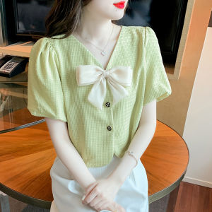 YIGE Bow-knot V-neck puff-sleeved white shirt womens 2022 new plaid short tunic top