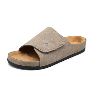 [Reeke]New Suede Leather Cork Slippers Summer Classic Flat Shoes Male Fashion Outside Sandals Man Non Slip Comfortable Slides