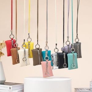 ZIAAN PU Leather Hanging Neck Coin Purse Japanese Style Solid Color Lanyard Wallet Portable Hanging Rope Mini Storage Bag Key Storage