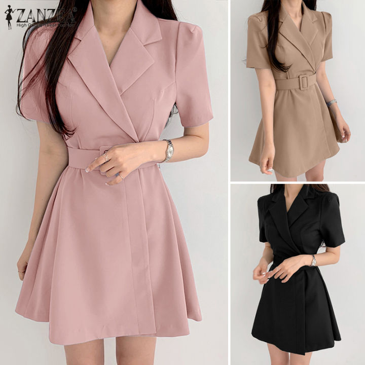 Esolo ZANZEA Korean Style Women Formal Skinny Short Sleeve A Line Mini ...