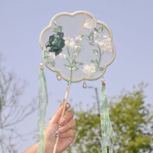 ECOCOKU Long Handle Chinese Style Fan with Tassels Handheld Circular Fan Vintage Decorative Floral Pattern Silk Fan Dance