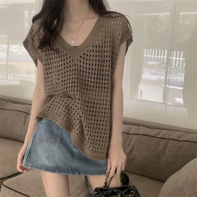 เสื้อถักคอวีสําหรับผู้หญิง ถักไหมพรมใส่หน้าร้อน Y193