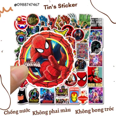 Set combo 50 miếng dán sticker Siêu anh hùng Marvel chống thấm nước dán nón mũ bảo hiểm laptop vali xe máy đàn guitar