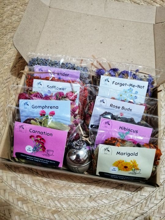 FLOWER TEA STARTER KIT/ FLOWER TEA SAMPLER 8 FLOWER TEAS OF YOUR CHOICE WITH TEA BALL INFUSER