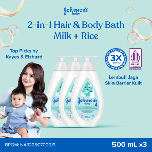 [Paket isi 3] JOHNSONS Milk + Rice Hair & Body Baby Bath 2in1 500ml - Sabun Mandi Bayi 2in1 Cair New Born untuk Melembutkan Kulit