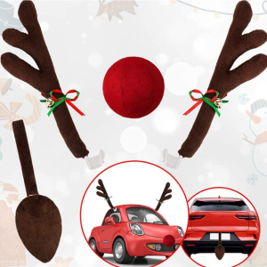 Christmas Car Decorations with Plush Deer Antlers Festive Decor for Young People in Offices Brown and Red with Belled Trim