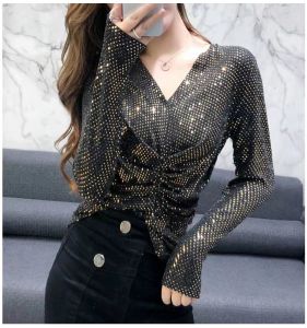 Womens Summer Shiny Silk T-shirt New Underlay Small Shirt Shiny Silk Shiny Sequin Western Versatile Top
