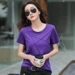 Fashion Purple Round Neck Short Sleeve T Shirt for Women Cotton Korean Style Womens Clothes Slim Solid Color Tee Casual All-match Plain Ladies Top