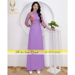Áo Dài Lụa Habutai Truyền Thống Phối Hoa Tay Tím Hoa Cà Cổ 2 Phân K91 - Áo Dài Xuân Quỳnh