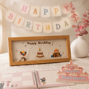 OOC Wooden Frame DIY Embroidery Craft Kit Creative Happy Birthday Pre-Printed Pattern Embroidery Photo Frame Simple Homemade Complete Set Embroidery Hoop Art Frame Christmas Gift