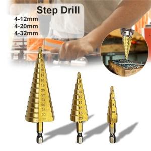 HHS Step Drill Titanium Size 4-32mm. 3 Pcs-6 Pcs.Set 3PCS Hexagon shank step เจาะแผ่นเหล็กรูเปิด 4-12/4-20/4-32 ไทเทเนียมชุบขั้นตอนเจาะเครื่องตัด taper เจาะเครื่องมือ