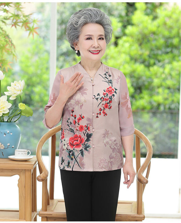 Grandma Summer Silk Shirt Middle Age And Old Women 3/4 Sleeve