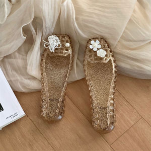 XIXITIAO blingbling Sandals Summer Personality Outdoor Fairy Style Flower Crystal Shoes Womens Flat Single Shoes Sweet Vacation Jelly Shoes ins Tide