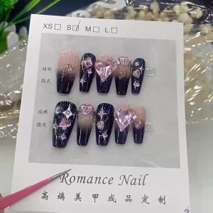 [HANDMADE]Artificial Nail Y2K Pink Heart Diamond Dark Dream Starry Sky Phototpy Press on Nails Reusable and Removable Nails with Toolkit