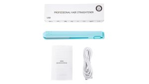 2 in 1 Hair Straightener Hair Flat Iron USB Ceramics Heating Straightening Curling Flat Iron (Blue)