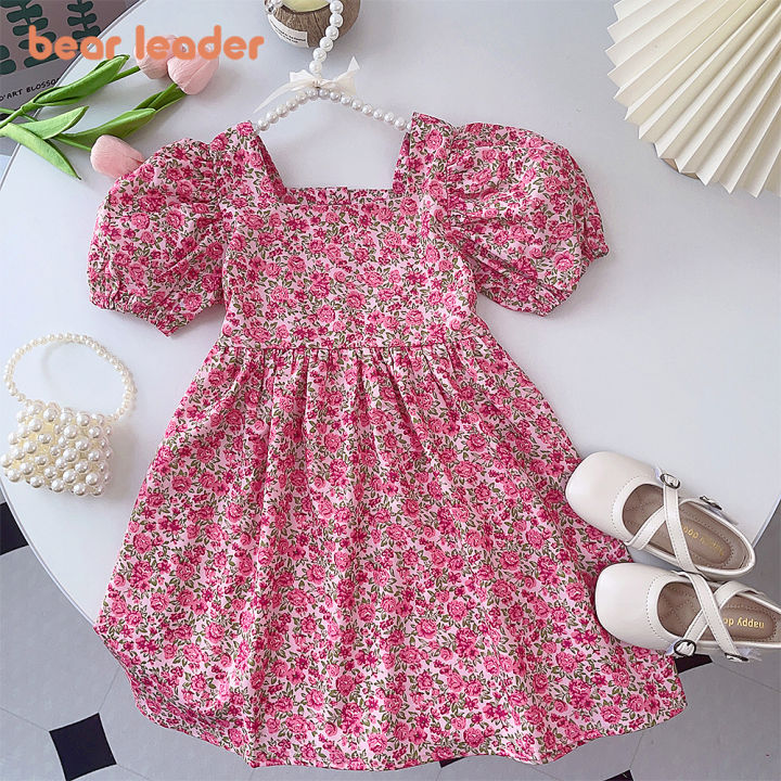 Bear Leder 2023 New Summer Baby Girl's Dress Bubble Sleeved Floral Square  Neck Short Sleeved Dress Children's Sweet Clothing