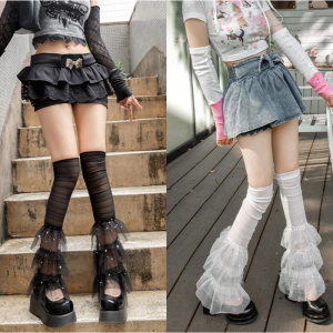 LƯỚI MÙA HÈ bùng tất ống chân Nhật Bản lolitas diềm Xếp Nếp tầng ren làm ấm chân Sequins tất dài tất kiểu ủng không che bàn chân cho Womens