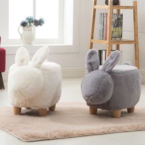 Rabbit Stool Shoes Sofa Stool Faux Fur Washable Cover Solid Wood Legs
