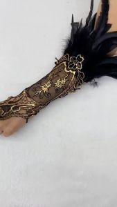 Embroidery Halloween Feather Gloves Retro Wristband Feather Lace Glove Fingerless Gloves Bracelet Gothic Women Halloween Cuffs Cosplay Props