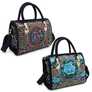 Women Floral Embroidered Handbag Ethnic Boho Canvas Shopping Tote Zipper Bag