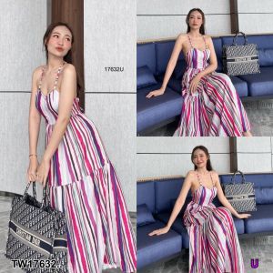 TW17632 แม็กซี่เดรสสายเดี่ยวสานหลังลายทาง
