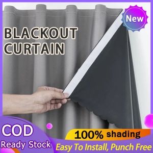 Blackout Curtain Kurtina Plain Curtain Magic Tape Curtain 100% Shading Punch Free