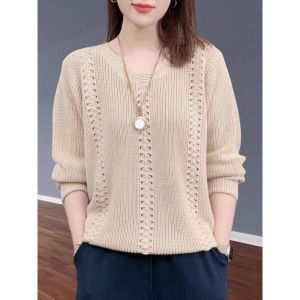 Womens Sweater V-neck New Knitted Sweater Large Loose Long Sleeve Top