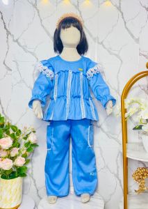 SETELAN QUINN DENIM LENGAN RENDA ANAK PEREMPUAN USIA 3 - 12 TAHUN / SET CELANA CARGO VIRAL KOMBINASI TERBARU