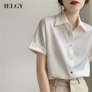 IELGY Áo Voan Ngắn Tay Vải Sa Tanh Màu Trắng Áo Polo Nữ Khí Chất Chuyên Nghiệp