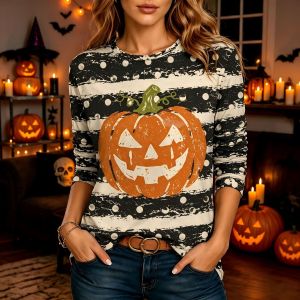 Halloween womens long sleeve T T-shirt with pumpkin and skull pattern retro and fashionable round neck regular fit suitable for everyday wear and weekends