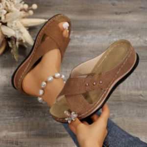 [Free Shipping] WomenS Wedge Flat Casual Slippers With Cross Straps Solid Color Plus Size Comfortable Flat Sole