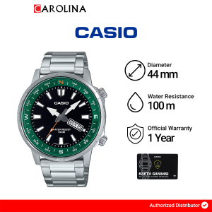 Jam Tangan Pria Casio MTD-130D-1A3 Rotating Compas Green Bezel Black Dial Silver Stainless Steel Band