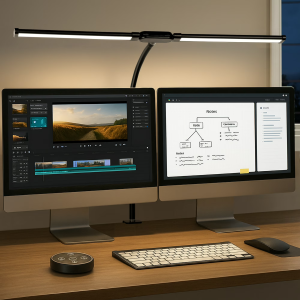 Double Head Scissor Arm LED Desk Lamp with Clamp Dimmable 3 Color Modes 10 Brightness Eye-Caring Architect Light USB Adjustable Monitor Lamp for Office Study Gaming Reading Workbench