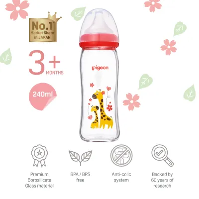 Pigeon Softouch Wide Neck 240ml Glass Nursing Bottle (Bee_78027/ Giraffe_78028)