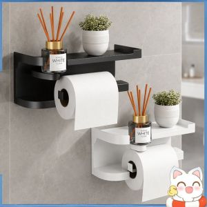 Wall Mounted Toilet Paper Holder With Shelf Drill Free Adhesive Waterproof PP Bathroom Organizer