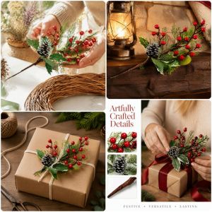 MAKERVY Red Berries Artificial Pine Branches Green Leaves DIY Wreath Fake Holly Pine Branch Creative Wrapping Ornament Christmas Pine Stick Xmas Tree Decoration