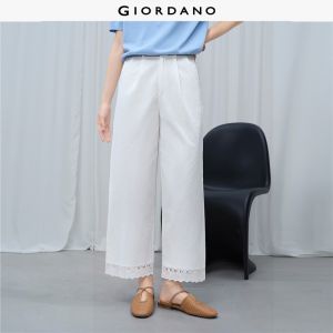 Giordano Women 100% cotton lace trim ankle length pants Free Shipping 18426704