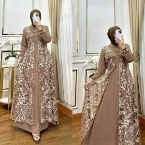 Alana Dress Ceruty Full Furing Mix Brukat Aplikasi Payet Mutiara Mewah Terbaru 2025 Lebaran Gamis Modern Brokat Wanita Dewasa Gaun Pesta Remaja Kekinian Viral