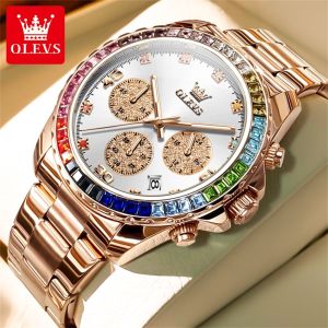 OLEVS watch for men original waterproof new luxury rainbow di rotating bezel design multifunction stainless steel fashion calendar