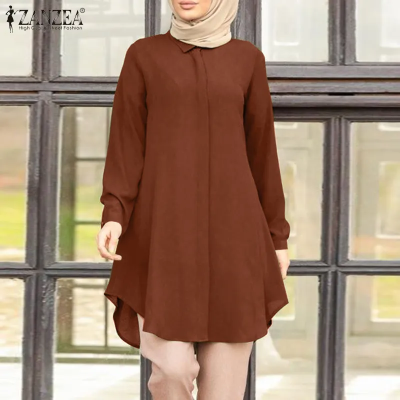 Fongt ZANZEA Women Full Sleeved Muslim Blouse Islamic Clothing Fashion  Buttons Down Solid Long Blouse Tops Kaftan Casual Solid Blusas
