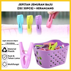 Jepitan Jemuran Baju (Isi 30pcs) FREE Keranjang Clothespin Clip / Holder Klip Plastik Warna Jepit Jemur Cucian Rumah Tangga Laundry Pengering Pakaian Cuci Sapu Tangan Kaus Kaki Celana Dalam Underwear Bra Dasi Boxer Manset Anak Bayi Dewasa Baby - GP Mall