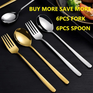 Brightbling 6PCS Korean Spoon and Fork Set Gold Stainless Steel Dinnerware Spoon Food-Grade Spoon Fork Set