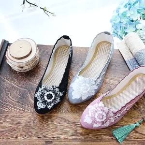 Giày Đế Bằng Đế Gân Bò Giày Vải Thêu Ba Chiều Cotton Jacquard Giày Nữ Mùa Xuân Và Mùa Hè Thêu Cườm