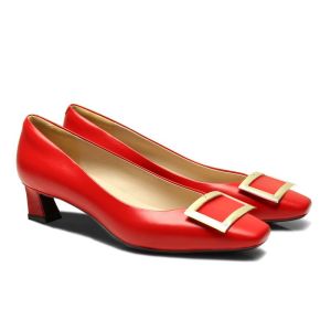 HOPE ROZA (ROSA) - DIXIE Women Square Toe Pump - Soft Leather Block Heels With Gold Buckle for Office Wear - Red