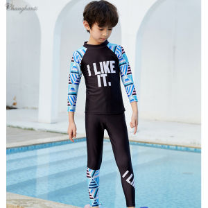Swimming Outfit for Kids Boys Two Pieces Swimwear for Children with Swim Cap Boys Swimsuit Black Geometry Pattern Swimming Suit for Teens Long Sleeve Rash Guards for Child 2-11 Y