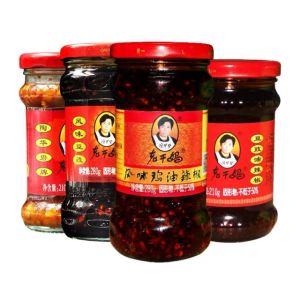 Lao Gan Ma Mushroom Chili Oil Spicy Fermented Black Beans Shredded Pork in Chili Sauce Spicy Chili Oil Chicken Flavored Chili Oil 老干妈、香菇辣椒油,风味豆鼓、干煸肉丝、油辣椒、风味鸡油辣椒、水豆鼓,贵州特产老干妈贵阳陶华碧酸辣开胃蘸水凉拌调味料