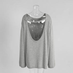 MSCSZ 100% Cotton Knit Sweater For Women Backless Long Sleeve Oversized Sweater Y2K Fall Casual Pullover Sweaters White Blue