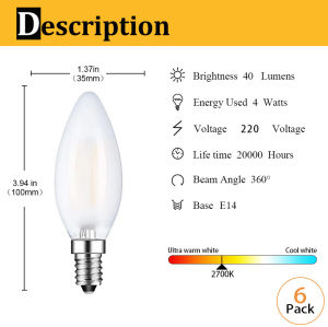 4W 6W LED Bulb 6 Packs E14 Edison Bulb C35 Candle Filament Bulb Dimmable Frosted Light Bulb Energy Saving Light Lamp for Chandelier Replace