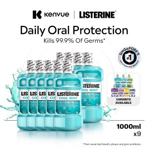 [Bundle of 9] Listerine Mouthwash with 4 Essential Oils 1000ml (Available in 7 variants Cool Mint Total Care Green Tea Healthy White Gum Care)